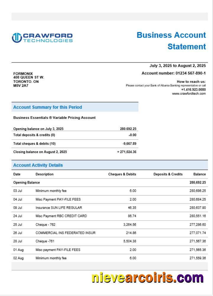 CrawfordTech business bank statement